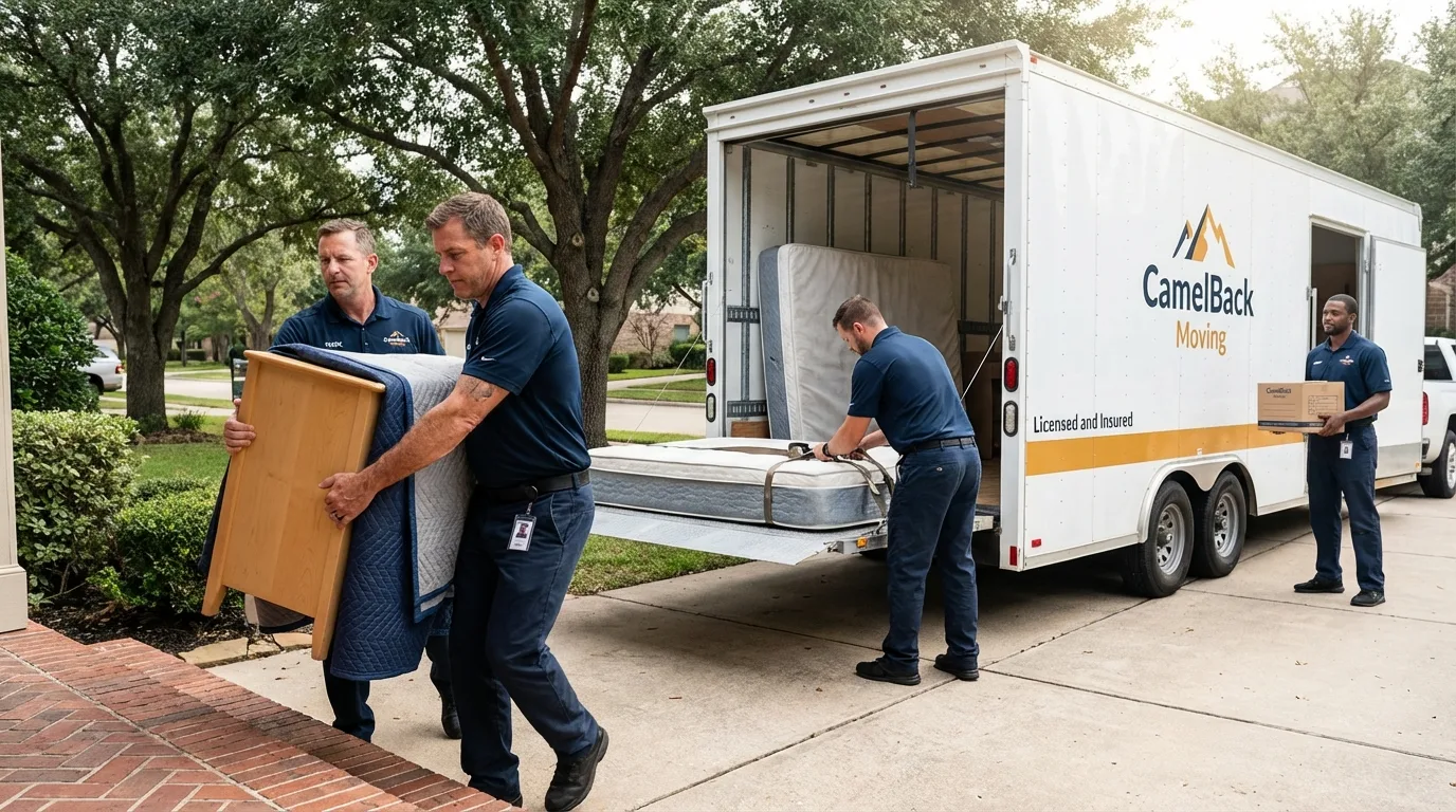 Crew loading residential truck for cross-state move from Menomonie, WI