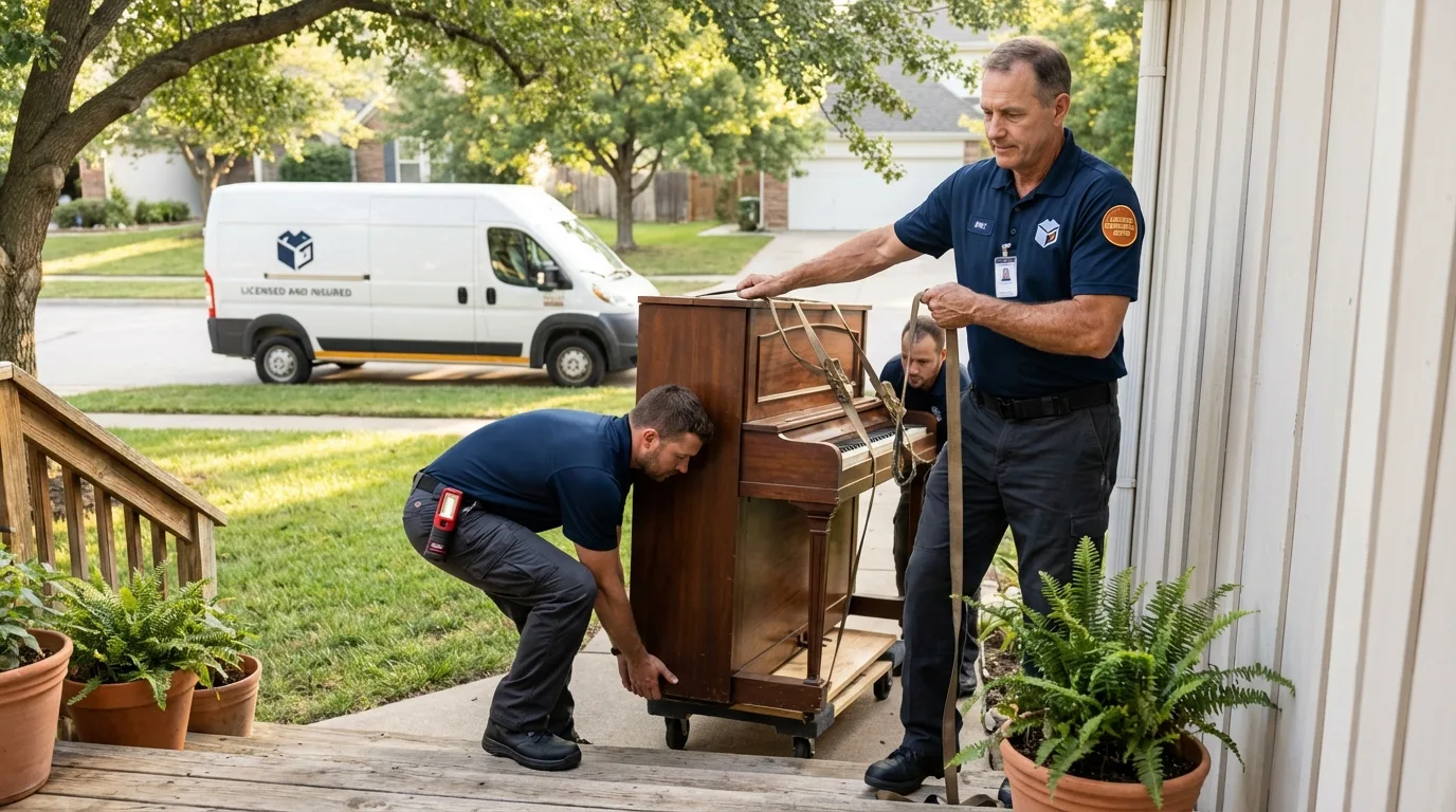 Licensed piano movers securing grand piano in Menomonie, WI