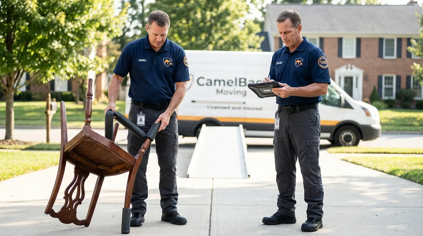 Movers inspecting furniture for damage prevention before loading in Menomonie, WI
