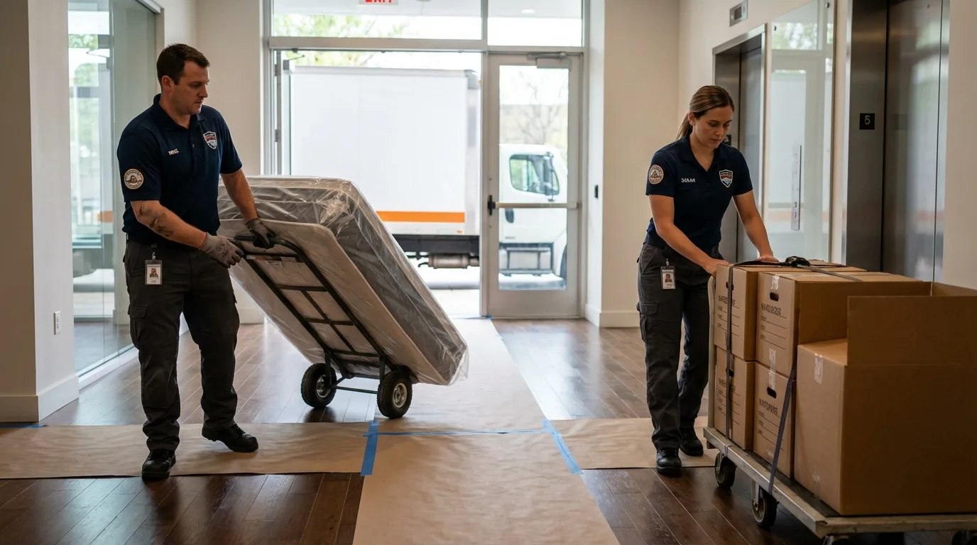 Professional apartment movers loading elevator in Menomonie, WI